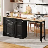 STILVORA Keukenkast - Uitschuifbaar Keukeneiland Met Wielen En Laden - Voor Keuken En Eethoek - MDF - 112 Tot 180x45x92 Cm - Zwart;Natuurlijk