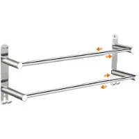 Famanu – Handdoekenrek voor aan de muur, roestvrij staal, glanzend, uittrekbaar met 2 stangen, 43-75 cm, met haken voor badhanddoeken, wandmontage met boren en lijm