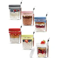 Famanu – Set van 6 glazen meal prep potjes met deksel en lepel, ideaal voor muesli, yoghurt en havermout, luchtdichte ontbijtpotjes voor salade en chia pudding