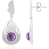 Cavill - Zilveren Oorbellen - 925 Sterling Zilver Gerhodineerd - Charoiet Ronde Cabochon Edelstenen 1,479 ct - Elegante Druppelvorm - Dames Oorbellen