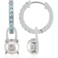 Cavill - 925 Sterling Zilver Gerhodineerde Oorbellen - 7mm Zoetwaterparels & 0,74ct Blauwe Topaas - Elegante Ronde Pareloorbellen