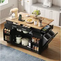 HAUSS SPOLE Keukeneiland Met Opklapbaar Werkblad En Uittrekbare Afvalruimte Zwart Met Houtlook MDF 138 X 86 X 92 Cm Voor Keuken En Eetruimte