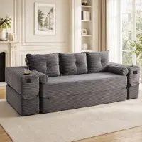 MODFU Relaxfauteuil met rugkussen, zijvakken en bekerhouders, 3-zits corduroybank, Modulaire bank met afneembare armleuningen, geschikt als slaapbank, donkergrijs