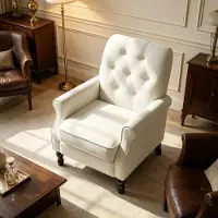 HAUSS SPOLE Fauteuil 1-Zits Met Hoge Rugleuning En Armleuningen - Gecapitonneerd Design Met Houten Poten - Voor Woonkamer En Leeshoek - Stof Crème