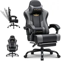 GTPLAYER Gaming Stoel - Gamer Stoel - Ergonomische gamingstoel met voetsteun, hoofdsteun en lendensteun. In hoogte verstelbaar. Grijze gamingstoel