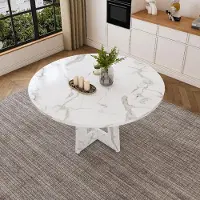 MODFU Eettafel - Rond - Marmerlook - Wit - MDF - 120 Cm - 76 Cm Hoog