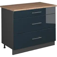 Vicco Keukenonderkast Fame-Line Donkerblauw hoogglans/Antraciet 100 cm, WB Eik, Model 62021