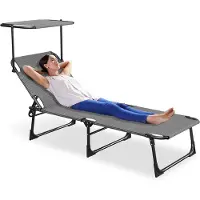 ACXIN Ligstoel Inklapbaar - Zwart - Tuin Ligstoel met Verstelbaar Zonnescherm - 600D Oxford Stof - 194x68x30 cm - Hoofdsteun Zijvak - Tuin Strand Camping Terras