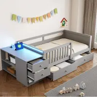 OKWISH Kinder Hoogslaper 90 x 200 cm - Met Bureau, Stopcontact En Led - Met Lades En Opbergkast - Halfopen Veiligheidshek - Grijs - Zonder Matras