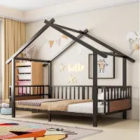 OKWISH Kinderbed 90x200 cm - Huisvormig Dakontwerp - Met Veiligheidshekje - Zonder Matras - Voor Jongens En Meisjes - Metaal - Zwart