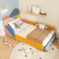 OKWISH Kinderbed 90x200 cm - Gestoffeerd Eenpersoonsbed Met Verhoogde Zijbescherming - Met Lattenbodem - Zonder Matras - Stof - Blauw Multikleur