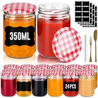 NaiZy Mini Weckpotten Set 24 stuks 350 ml - Rond Transparant Glas met Metalen Deksel - Luchtdichte Mason Jar voor Honing, Kruiden en Marmelade - Rood & Wit Geruit -