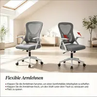 OKWISH Bureaustoel - Ergonomische Draaistoel Met Verstelbare Zithoogte En Kantelbare Rugleuning - Opklapbare Armleuningen Voor Thuis En Kantoor - Mesh - Grijs