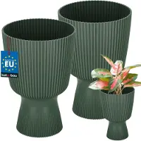 KOTARBAU 2 Stuks - Bloempot - Plantenpot met Sokkel ⌀ 14 cm - PVC - Geribbelde Orchideeënpot - H: 21 cm - Groen - Kelkvorm