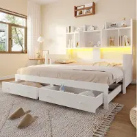 OKWISH dagbed 90x190 met uitschuifbed en stopcontacten, jeugdbed met LED-verlichting en lades, kinderbed met open vakken, wit, zonder matras