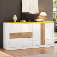 OKWISH Moderne, glanzende dressoir met RGB LED-verlichting, opbergkast met verstelbare legplanken, vierdeurs design, wit