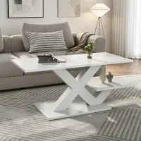 MODFU Rechthoekige salontafel, wit, glanzende woonkamertafel, bijzettafel met dubbel werkblad en X-frame, salontafel van MDF, 100x48x45 cm