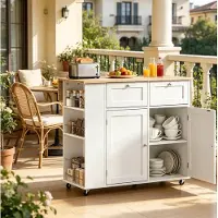 OKWISH Keukenkast – Keuken Eiland Met Wielen – Opklapbaar Werkblad 101×62×86 cm – 2 Lades En Kast Met 4 Vakken – Opbergruimte – Wit Licht Eiken