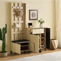 OKWISH Schoenenkast - Garderobeset Met Zitbank En Kapstok - 4 Haken, 2 Deuren En 1 Lade - Opbergruimte Voor Hal Of Slaapkamer - MDF Houtkleur