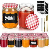 NaiZy Mini Weckpotten Set 24 stuks 240 ml - Rond Transparant Glas met Metalen Deksel - Luchtdichte Mason Jar voor Honing, Kruiden en Marmelade - Rood & Wit Geruit -