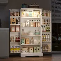 HAUSS SPOLE Keukenkast Wit Vrijstaand Met Led Sensorlamp En Verstelbare Planken Dubbele Deuren Voor Keuken Woonkamer En Eetkamer 60x35x128 Cm