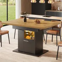 OKWISH Keukentafel met uitschuifbaar tafelblad, eettafel met glazen planken en LED-verlichting, met opbergruimte, geschikt voor 4-6 personen, zwart