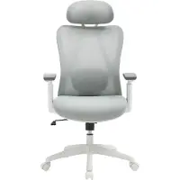 Vente-unique Ergonomische bureaustoel met hoofdsteun - Stof - Grijs en wit - SORLITA