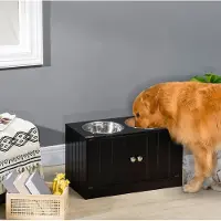 HAUSS SPOLE Voerbak – Verhoogd Met 2 Rvs Voerbakken En Opbergruimte – 60 x 30 x 35,5 cm – Hout – Zwart – Voor Grote Honden
