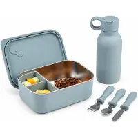 VHV - Kinderlunchbox Set 5-delig - Broodtrommel met 3 Vakken, Drinkfles en Bestek - Grijsblauwe Lunchset voor School, Picknick en Onderweg