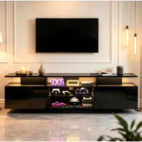 OKWISH hoogglans TV-kast met LED-verlichting en glazen planken, TV-meubel met veel opbergruimte, dubbele deur, geschikt voor een 70-inch televisie, zwart