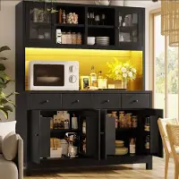 STILVORA Keukenkast - Hoge Buffetkast Met App-Gestuurde RGB-Led En Glazen Deuren - Met 4 Lades En Verstelbare Planken - Zwart - 140 X 38,5 X 180 Cm
