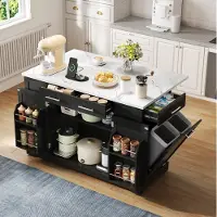 HAUSS SPOLE Keukenkast Met Uitschuifbaar Werkblad En Wielen Met Stopfunctie, EU Stopcontact, Verstelbare Planken En Afvalruimte, Zwart 138 X 86 X 92 Cm