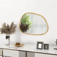 OKWISH Wandspiegel Asymmetrisch 80x60 Cm Met Houten Lijst Natuurlijk Hout Voor Badkamer Woonkamer Hal En Slaapkamer