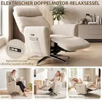 OKWISH Relaxfauteuil 76 x 87 x 114 cm - Elektrisch Verstelbaar Met 2 Motoren En 360 Graden Draaibaar - Voor Woonkamer - Polyester - Crèmewit