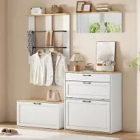 OKWISH Schoenenkast Garderobeset - Modulair Met Spiegel En Lade - 156 x 36 x 176 cm - 2 Kleppen En Wandkapstok - MDF Wit Naturel
