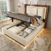 Merax 90x200cm gestoffeerd bed - met LED-verlichting en opbergruimte - beige en walnootkleur - zonder matras