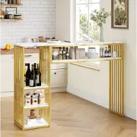 OKWISH moderne barkruk met 3 opbergplanken, tafelblad met marmerlook, veel opbergruimte, eettafel met metalen frame, goudkleurig