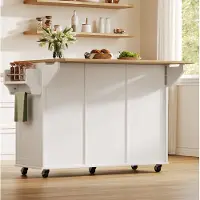 OKWISH Keukenkast - Keukeneiland Op Wielen Met Klapbaar Werkblad - 143 x 45 x 89,5 cm - 2 Lades 2 Deuren - MDF Wit Naturel