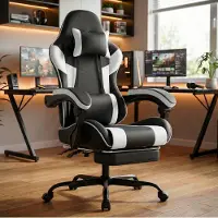 MODFU Gamingstoel-Ergonomisch-Lendensteun-Hoofdsteun-Verstelbare Rugleuning-Zwart Wit