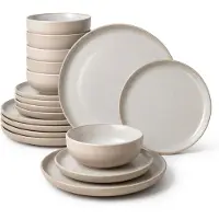 Deleca Serviesset 6 Personen Serra - 18-delig - Aardewerk - Grote en Kleine Borden met Schaaltjes - Keramiek Bordenset & Soepkommen - Japandi Stijl - Soft Beige