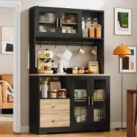 STILVORA Keukenmeubel met LED-verlichting en stopcontact, hoge kast met vitrine van gehard glas en wijnrek, keukenplank met verstevigd werkblad