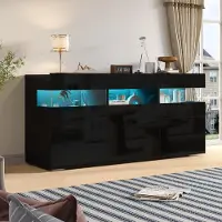 STILVORA Dressoir - Hoogglans Kast Met Led Verlichting En 3 Deuren - Voor Woonkamer En Eetkamer - Spaanplaat En Acryl - Zwart - 140 X 40,5 X 66,5 Cm