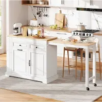 OKWISH Keukenkast – Verrijdbaar Keukeneiland Met Uitschuifbaar Werkblad – 112-180x45x92 cm – 2 Laden En Kast – MDF Wit/Naturel