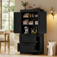 OKWISH Keukenkast – Landhuisstijl – 2 Lades – Verstelbare Legplanken – Vrijstaande Hoge Opbergkast – MDF Zwart – 60 x 30 x 128 cm