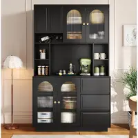 STILVORA Hoge Keukenkast Met Boogvormige Acryldeuren En App-Gestuurde LED-Verlichting - Open Vakken En 3 Lades - MDF - Zwart - 106x30x175 Cm