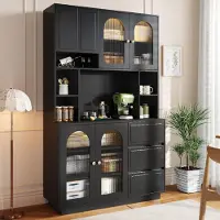 OKWISH keukenkast met lades en deuren van gebogen acryl, hoge kast met LED-verlichting die van kleur verandert, met open vakken, zwart