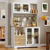 OKWISH Keukenkast – Hoge Kast Met LED En Stopcontact – 110 x 40 x 178 cm – 4 Deuren – Opbergruimte Voor Keuken En Eetkamer – MDF Wit Met Houtlook
