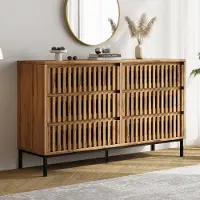 MODFU Kommode met 6 lades, dressoir 120x40x81 cm. Bijzetkast met rasterdesign en groot opbergvlak – houtlook