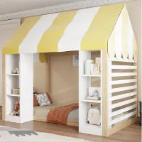 STILVORA Hoogslaper 90 x 200 cm – Kinderbed in Landhuisstijl met Hemelbed en Open Opbergruimte – Voor Kinderen – Hout Metaal MDF – Wit Natuurlijk Geel – Zonder Matras