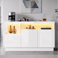 OKWISH Dressoir - Hoogglans Met APP-Gestuurde LED-Verlichting - 140 x 36 x 80 cm - 3 Deuren - Acryl Displayvak - PB En MDF Wit